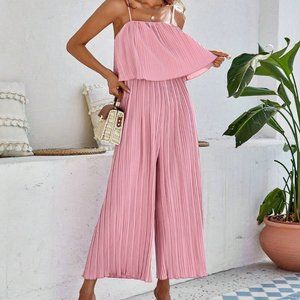 Pink Preppy Womens Solid Pleated Cami Jumpsuit